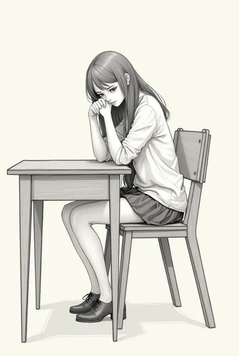 Drawing of a woman sitting in a school chair with her head in the back, her hand resting on the table and the other hand close to her mouth admiring