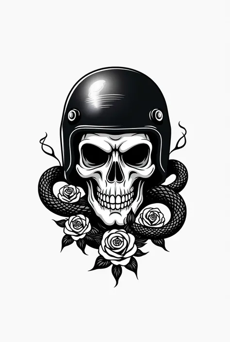 A motor club logo, use only black and white calour. No shadows, it can look 2d. There might be skull with motor club helmet (not the ones for race motorcycle.) Snakes and roses.