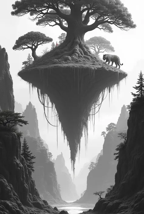 A black-and-white manga-style scene depicting a massive floating island archipelago, with a surreal and mystical feel. At the base, an enormous island rests on the ocean floor, covered in dense, ancient forests and crisscrossed by colossal roots and vines ...