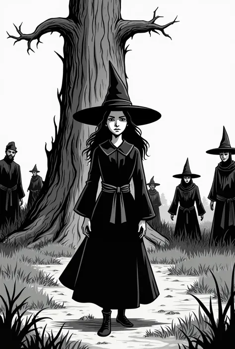  witch going to the fire to be burned.  black and white cartoon, Just thick. old-fashioned 