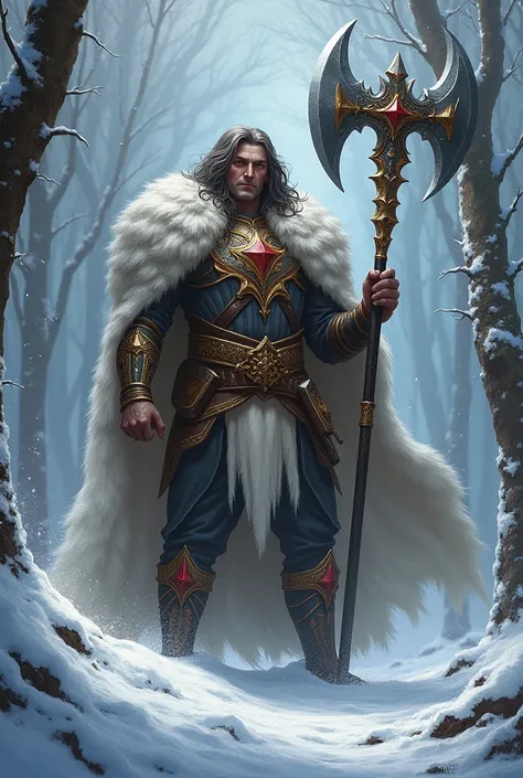 Create magic the gathering style a large man with long wavy hair with red eyes wearing an ornamented fur cloak holding a large platinum-plated axe with red ornaments in a snowy forest