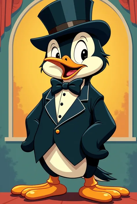 A penguin with a top hat and a suit in the cartoon style of the 20s like the Looney Tunes

