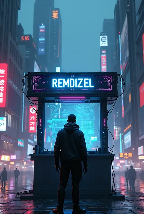 
topic: information security near a stand with an inscription in capital letters "REMDIZEL "  in the style of cuberpunk 
