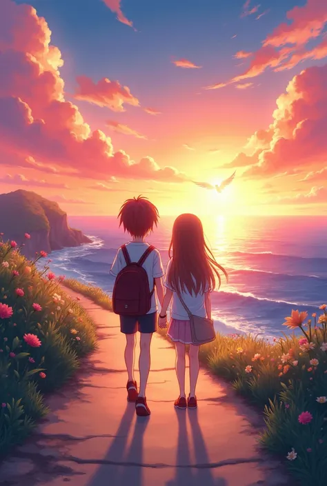 High quality in high image 
Create an anime photo of two friends going to the sunset from the coast with an angel in the back 