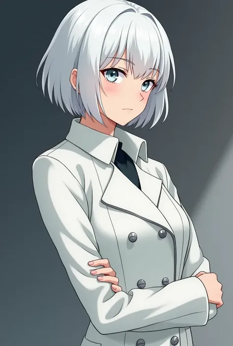 16-year-old woman with short platinum hair and light gray eyes, intense and investigative. She has a well-defined face, with a strong jaw and features reminiscent of an adult character, despite his age. She wears a white overcoat, tight, with silver detail...