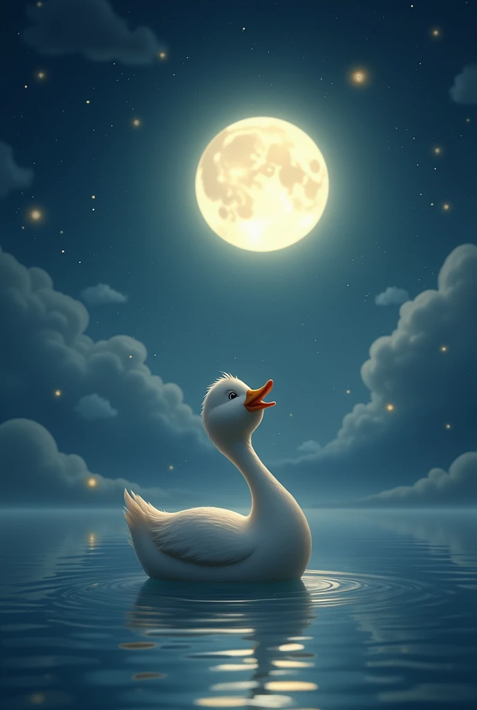 Duck looking at a full moon in a starry sky