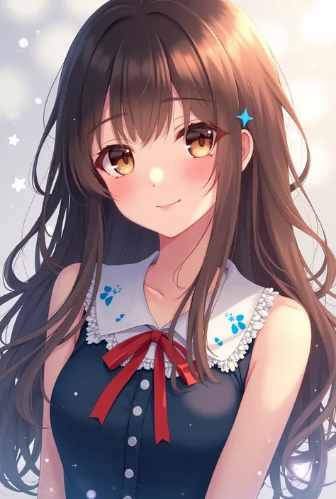 Anime girl with long brown hair that reached her waist, soft brown eyes framed by long eyelashes, and peach-colored skin with a beauty mark below the chin on the left side. She wore a sleevless dark-blue drees with a white collar decorated with blue hearts...