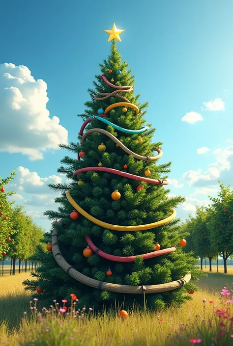 Christmas tree with watering hoses or drip hoses in a sunny field with fruit trees