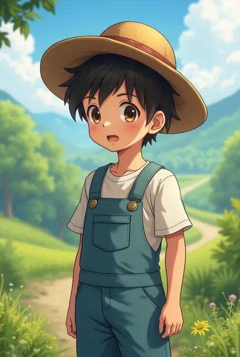 Make Deku dressed as a farmer with brown hair and brown eyes with a farmers hat a light blue jumpsuit and a white anime shirt