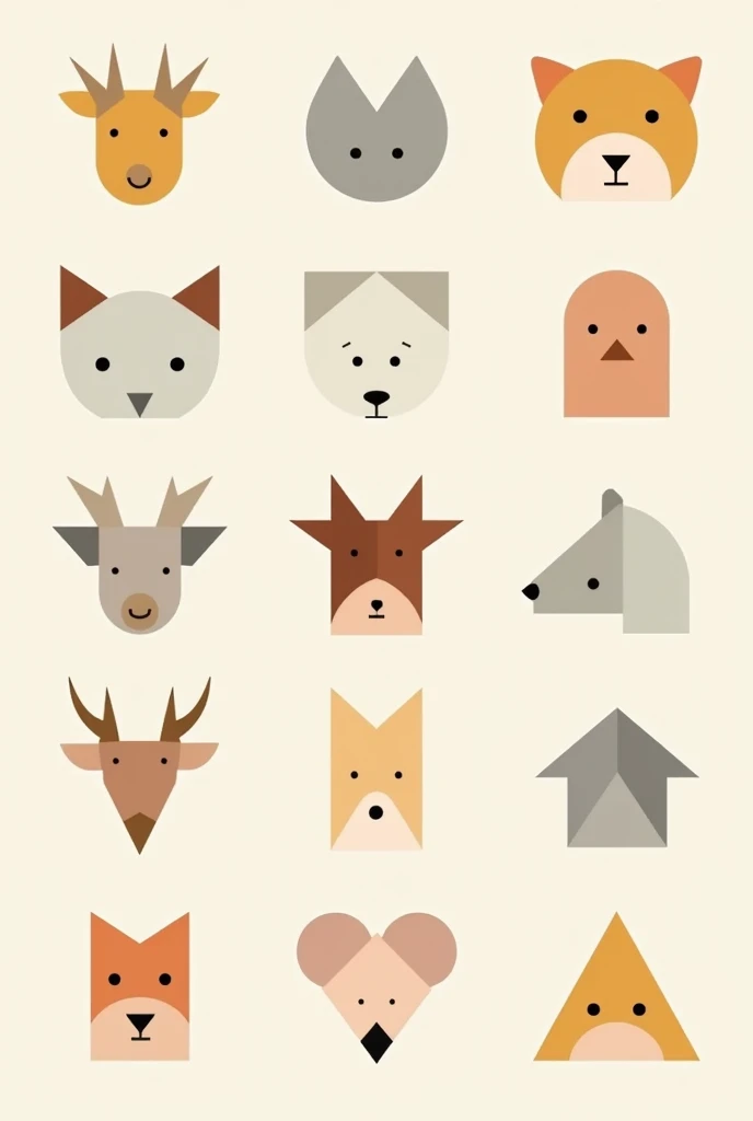 Create 10 simple animal-shaped geometric figures for a Visual Memory test 