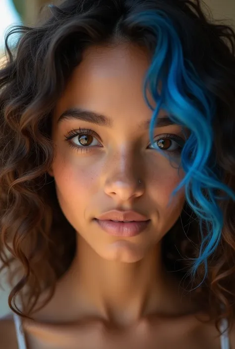 A pretty girl with a blue lock of blue Brazilian girl with curly hair