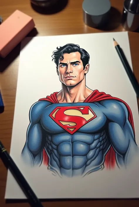 a realistic Superman cartoon by Henry Cavill, drawing on paper, pencil, rubber and drawing materials on the table 
