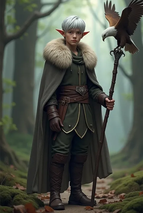 Um personagem de  full body  de RPG com as seguintes características: ( full body :1.5), ( Young man:1.5),  looking at the viewer, Silver hair,  small ears,  slightly pointed ears , Half elf, fur clothes, leather clothes, bota, cajado detailed,  dark woode...