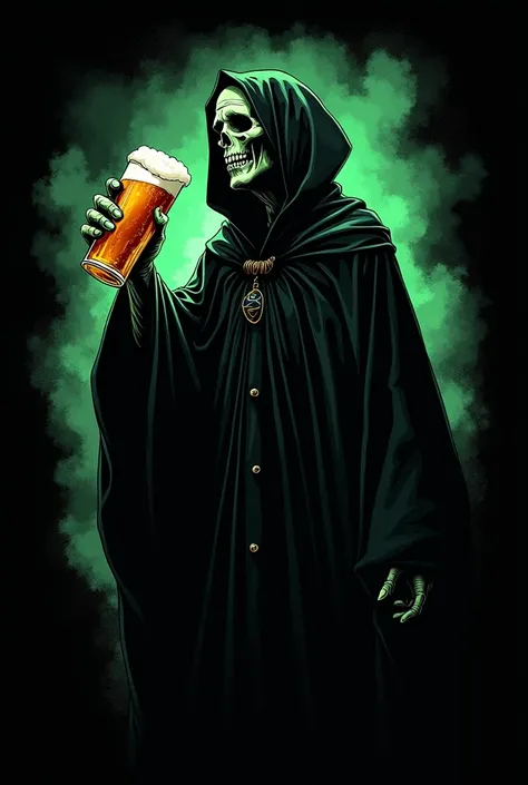 artwork, t-shirt, t-shirt design, illustration, sticker, high quality black background, 12k, must be black background, a dementor wrapped in a black cloak, floating horizontally, drinking a beer, with a black background and green smoke