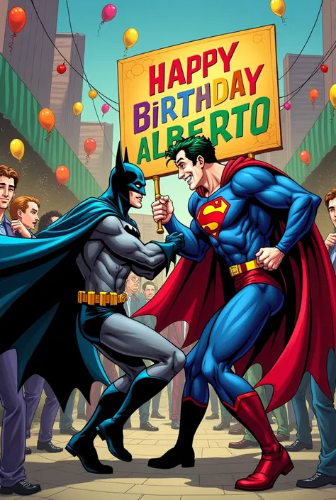 A Batman comic celebrating with the Joker while they dance at a birthday party and Superman holds a sign that reads "Happy birthday Alberto "