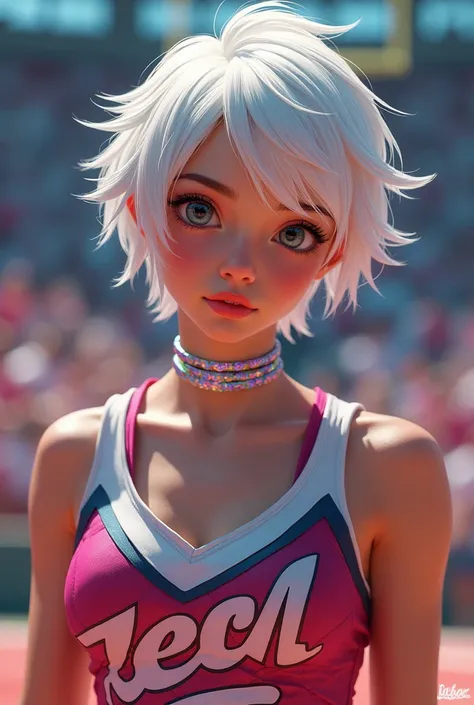 A girl with short white hair wearing a tight necklace with cheerleading clothes