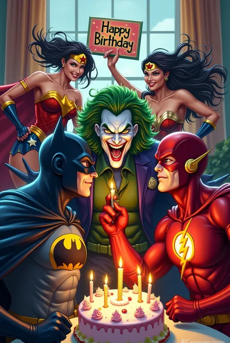  The Joker blowing out a birthday candle while Batman and Robin scream, Supern dances with Wonder Woman and Flash holds a sign that reads  "Happy birthday Alberto "