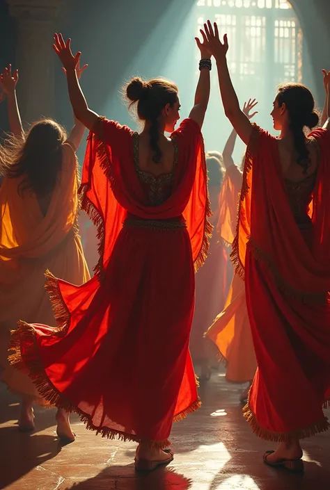 Women dancing with tambourines and mantle shadow lines