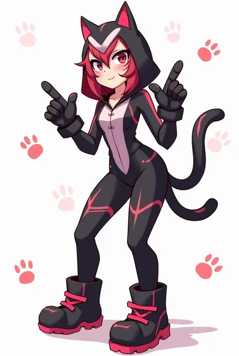  * Appearance:  The character has feline features , like pointy ears, a tail and paws on the hands .
 * clothing:  She wears a super costume -heroine inspired by Spider-Woman ,  with predominantly black and white colors ,  and red and pink details .  The c...