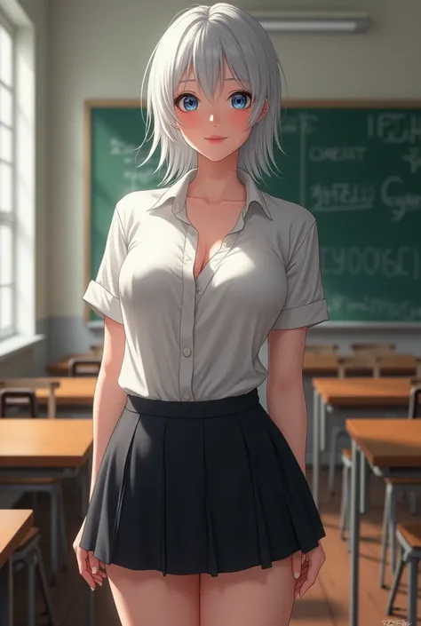  A girl solo leaving in school and school uniform medium white short hair, blue eye pink lips blushing face, big tight boobs, perfact sexy hip&butt, white open shirt, mini black skirt smooth class room background real stick 