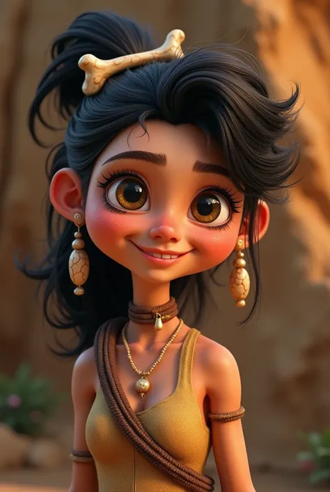 a paleolithic cute woman, wearing a bone in the hair,funny face,disney pixar character,highly detailed,vibrant colors,dynamic pose,warm lighting,photorealistic,intricate details,award winning digital art,masterpiece,4k,8k