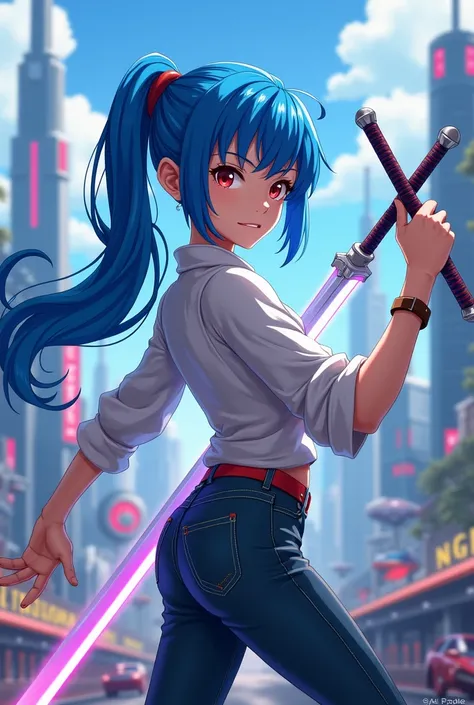 Blue-haired anime with a sword