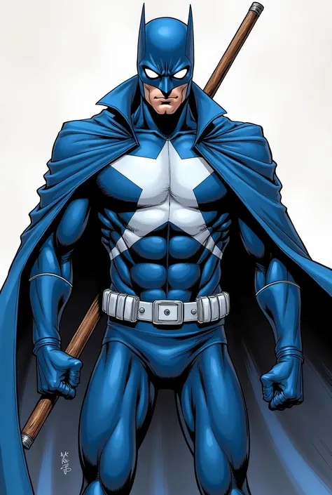 a man, , super hero, holding a stick on the shoulders, blue and white uniform, mask covering the eyes, eyes of the mask in color white, no smile, blown overcoat over the uniform, comic book style, mask just covering the eyes