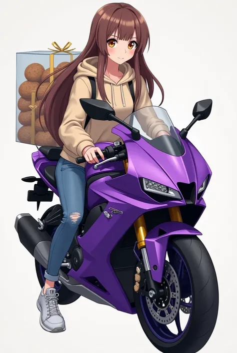 Make an illustration of a single girl with long brown hair , light-eyed, with jean, white tennis shoes,  and a hoodie on a purple crypton motorcycle with a transparent box with cookies inside and this one is tied at the back