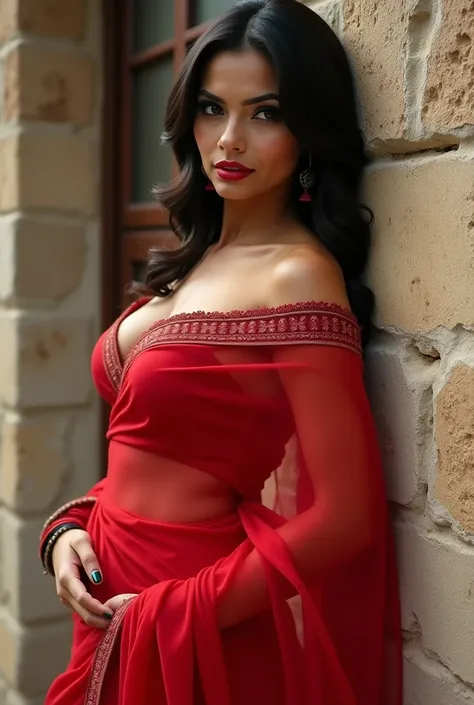  very curvy ,indian woman in a red sari leaning against a stone wall, traditional beauty, very seductive pose, indian super model, provocative indian, very beautiful photo, beautiful pose, very beautiful enga style, with white complexion, beautiful figure,...