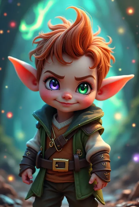 An RPG gnome with heterochromia :  one violet eye and the other green eye