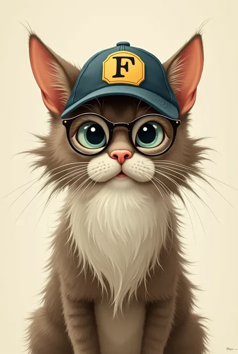 Cat with a cap that has an f on the cap and on the face, round glasses and an old mans beard