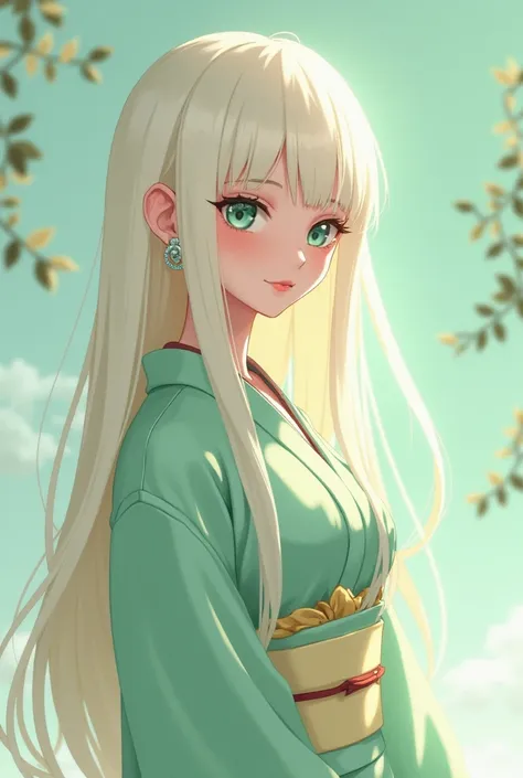 Anime woman with pale skin, mint-green eyes framed by long eyelashes, full pink lips and long, smooth platinum-blonde hair. She has a curvaceous and slender figure with noticeably large breasts. She wore a pale-green medium-lengthed hōmongi kimono, and a c...