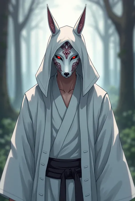 a man in a white kimono with a hood, with Japanese letters wine ,  and a white kitsuni mask with wine,  Realistic anime style.