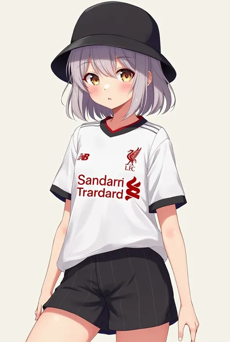 A short haired anime loli in white,short black skirt with a Liverpool 2024-2025 jersey, black bucket hat 