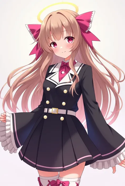 girl, solo, light brown, loose long  hair, pink eyes, two pink bows on the sides, black uniform with a white collar, white buttons, white jacket, with wide sleeves, skirt, white belt, white stockings with pink bows, demon slayer style.