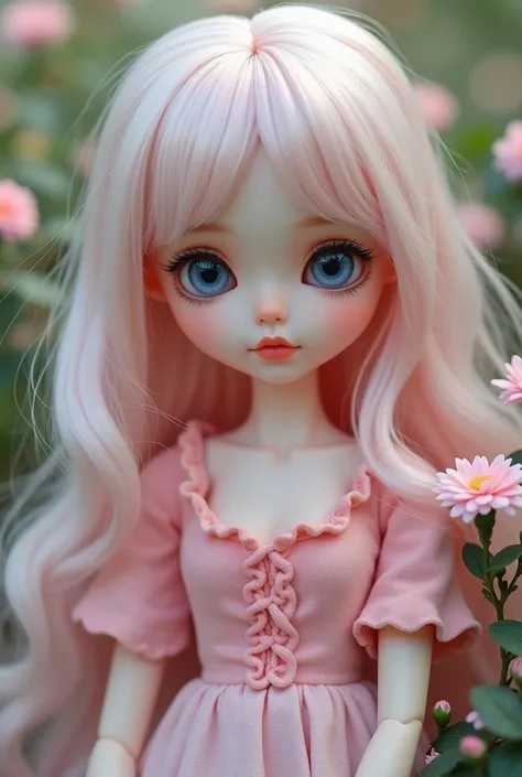 "Photo of a BJD doll with realistic skin details, with clear lines and natural body texture, subtle nails painted in pastel pink and fine, precisely sculpted details of the fingers and toes. The doll has long, pink and white hair, with clear locks that lie...