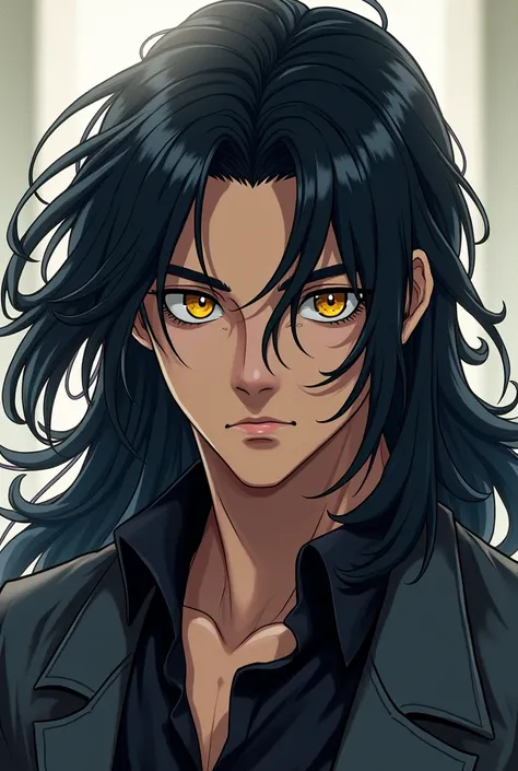  Handsome teenage young man from anime.  Long black hair and yellow eyes. Brave and big
