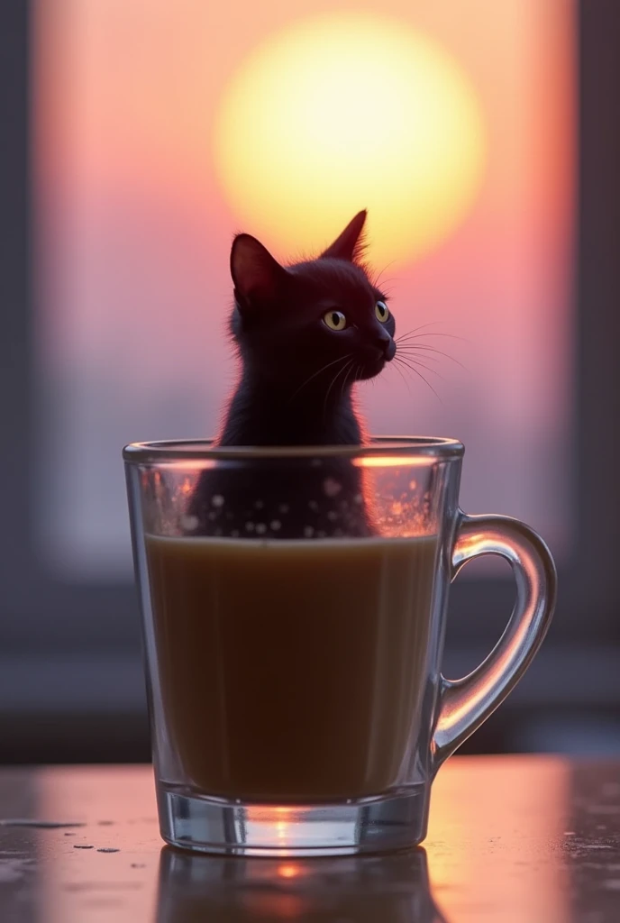  Generates the image of a glass of white coffee, and in the center a cat Silueta . CAT ON ITS BACK , black color. In the background a lilac sun . 