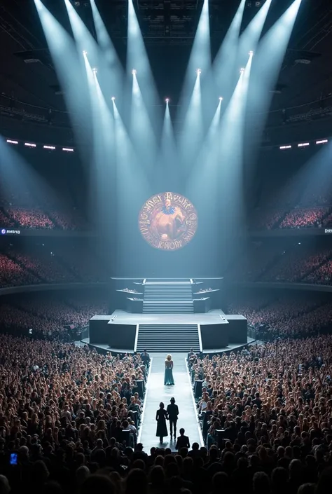 a large gray stage with stairs above it. a large ekean and the inscription TAYLOR SWIFT THE FOLKLOMORE world tour. a large stage in a large stadium. full of people around from a birds eye view it looks like letter  "M" on big stadium. It looks like eras to...