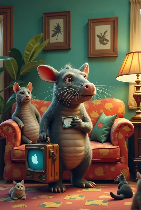 A living room with a sofa printed with TV , a cat, a hippopotamus and an elderly armadillo with a suitcase and the iPod
