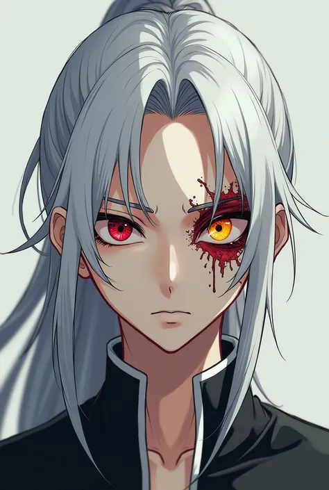  Create an image of a 19-year-old red-eyed and yellow-eyed man with a scar on his red eye, with long white hair tied with the features of bleach 