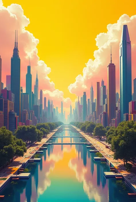 (Esboçocolorido), aerial view of a futuristic city, in the center a square with a water mirror reflecting the sky, dark yellow sky with large white clouds,