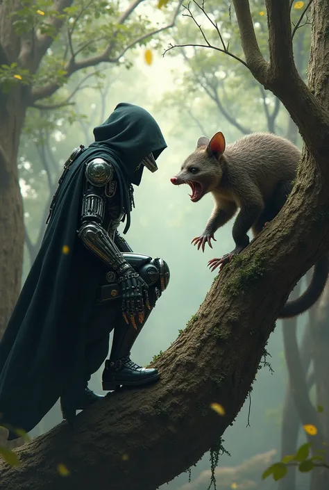 A tiny half robot half human assassin wearing a cloak fighting an opossum holding its mouth open on a tree  
