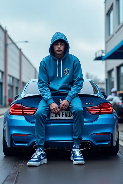 Blue themed everything blue m4 competition in the back that Im sitting on with the license plate saying C.O.N FADA give me a fade blue hoodie blue air force 1s