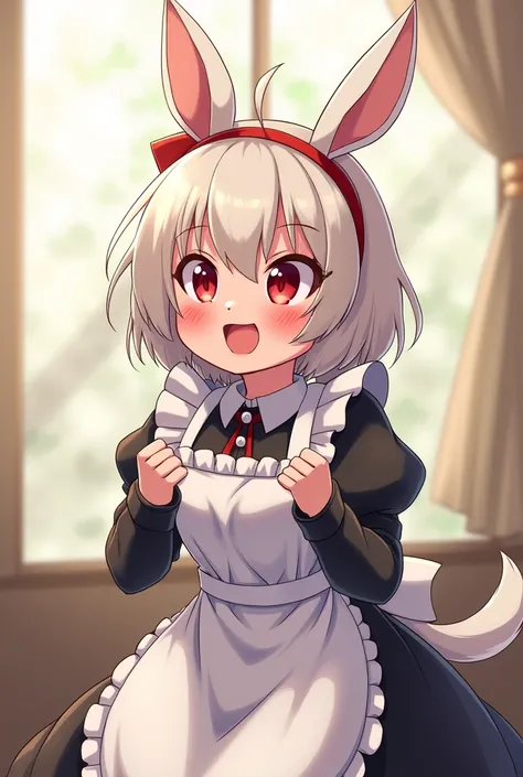 An anthropomorphic rabbit girl wears a black maid outfit and a white apron. Anime style illustration of a cute girl, red eyes, rabbit ears, hairy face, surprised expression, open mouth,