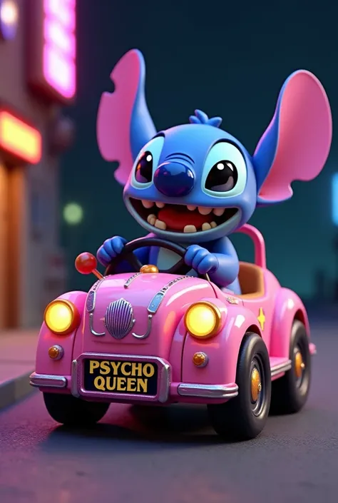 Create a realistic 3D figure of stich , 
  a full body shot of   ( stich )  Happy driving a custom-made Stitch Bobby Car ,   with the entire Bobby Car clearly visible  ,   and write the first name in a very thick neon font  " Phsycho Queen   "  Create a re...