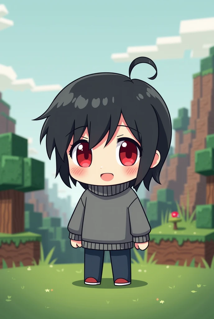 chibi anime black hair red eyes gray sweater Minecraft background