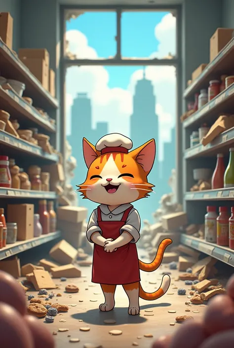 Imagine a very thin cute male cat dressed in bakers clothing very happily inside a supermarket that was destroyed by the earthquake., post apocalyptic city, things on the floor fallen ,  cartoon style ,Very vivid, very cute, Ultra Detailed, Arte de qualida...