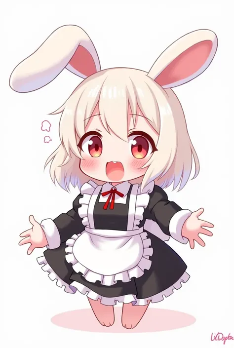 An anthropomorphic rabbit girl wears a black maid outfit and a white apron.  The cute girl has an anime-style illustration, red eyes, (rabbit ears, hairy face:1.5), surprised expression, open mouth,