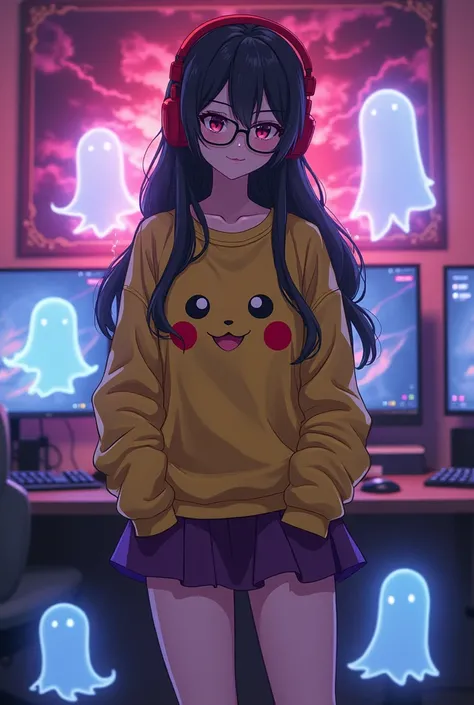  Standing full body anime girl , dancing sensually,  with red headphones with black on the head ,  and small lenses with rectangular lenses black frame on the face ,  with yellow picachu long sleeve sweatshirt with hands in the pockets of the sweatshirt,  ...